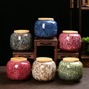 Irregular glazed ceramic tea jars with bamboo lids – perfect for aesthetic kitchen storage of tea, coffee, spices, or herbs.