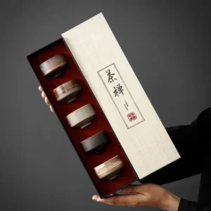 Japanese tea bowl set with 5 handmade wabi-sabi ceramic cups in a beige linen gift box