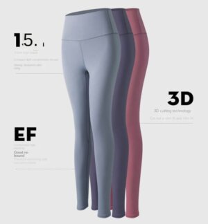 High-waisted leggings in blue, purple, and mauve featuring 3D cutting technology and stretch-enhancing design for clean girl aesthetic activewear.